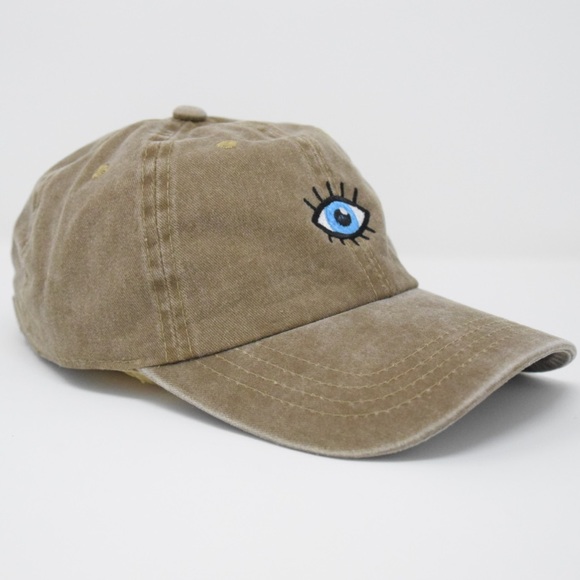 Dark Beige - Evil Eye Embroidered 6 Panel Pigment Dyed Baseball Dad Hat - Picture 2 of 4